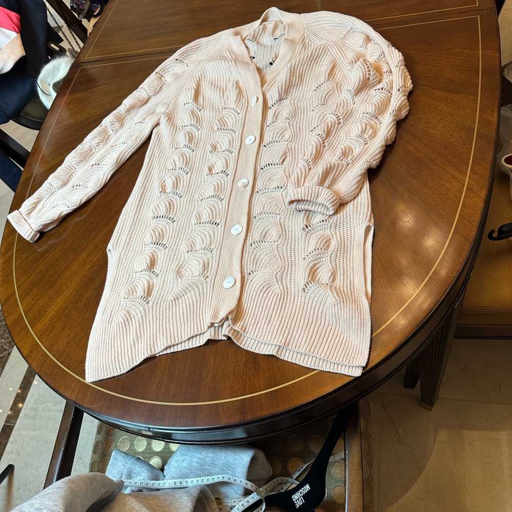 Ellie Tahari 100% Cashmere Long Cable Knit Cardigan Sweater Luxury Neutral - Picture 10 of 13